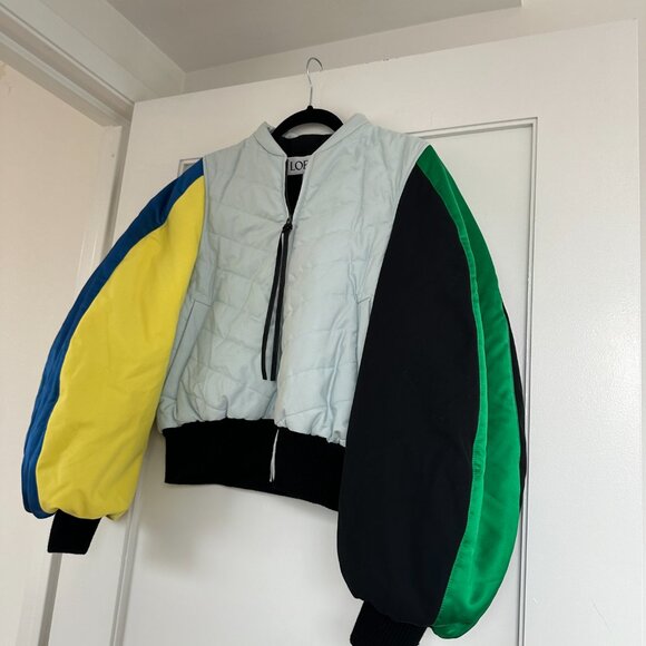 Loewe Bomber Jacket Quilted Color-block Balloon Sleeves w/ Detachable Wrap Scarf - Picture 6 of 15